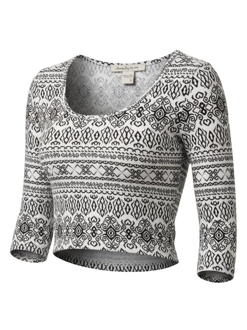 American Rag Cie Black & White Tribal Patterned 3/4 Sleeves Cropped Top 4790